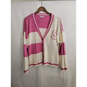 Caren Sport Women’s Cardigan Sweater 3X Pink White Striped Letter S Varsity Prep